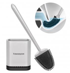 Toilet Brush with Ventilated Drying Holder, Silicone Toilet Bowl Brush Bathroom Cleaning Bowl Brush Kit Sturdy Cleaning Toilet Brush, Floor Standing & Wall Mounted Without Drilling （Silver)