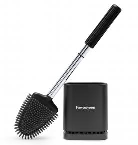 Black silicone toilet brush – flat head cleans under rim, ventilated base, no drilling, slim 6cm.